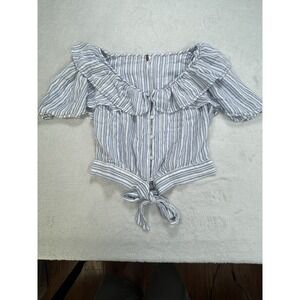 Free People Blue White Stripe Off Shoulder Crop Top Ruffle Tie Front Boho